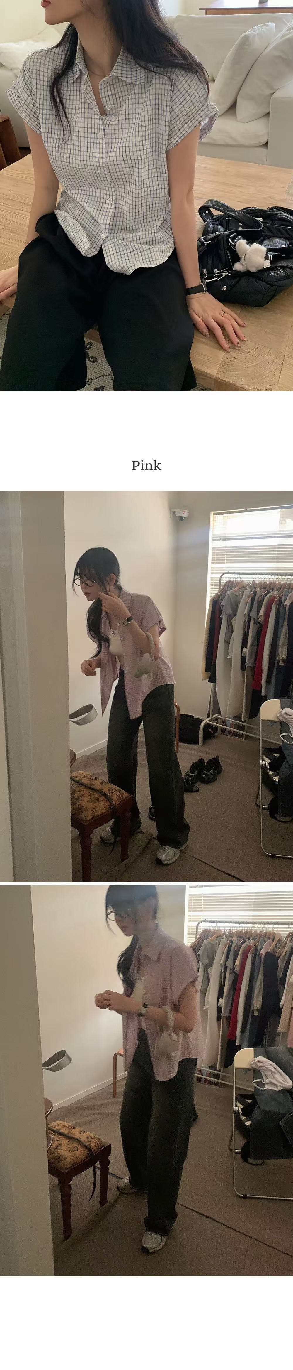 재고 있음 chic 루즈핏 탑 옷깃 볼륨 측면 가을 어깨 소매 반팔 격자 무늬 셔츠 상세 이미지 13