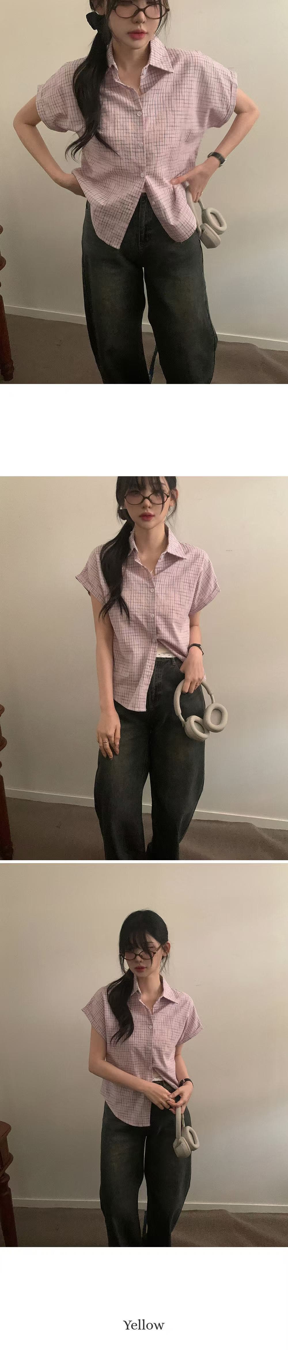 재고 있음 chic 루즈핏 탑 옷깃 볼륨 측면 가을 어깨 소매 반팔 격자 무늬 셔츠 상세 이미지 14
