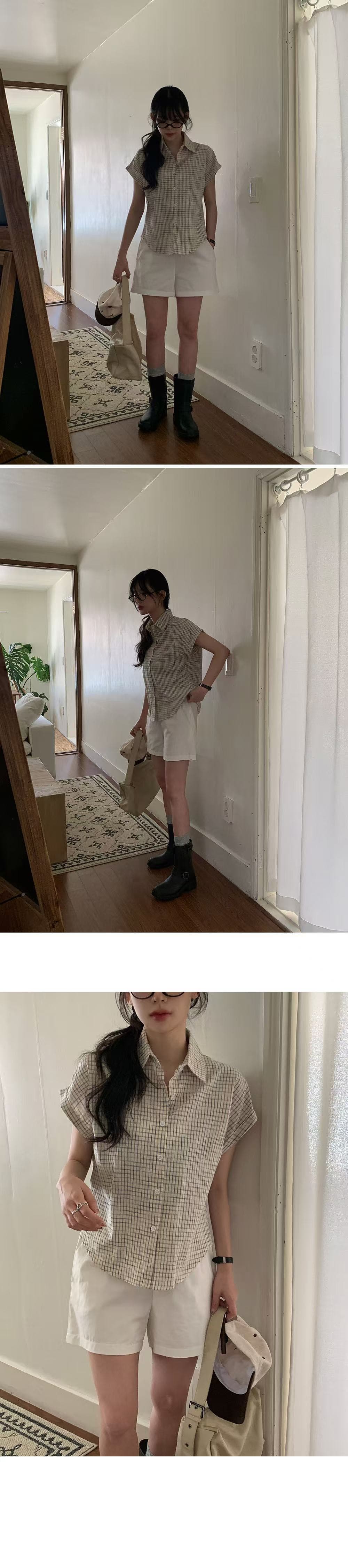 재고 있음 chic 루즈핏 탑 옷깃 볼륨 측면 가을 어깨 소매 반팔 격자 무늬 셔츠 상세 이미지 18