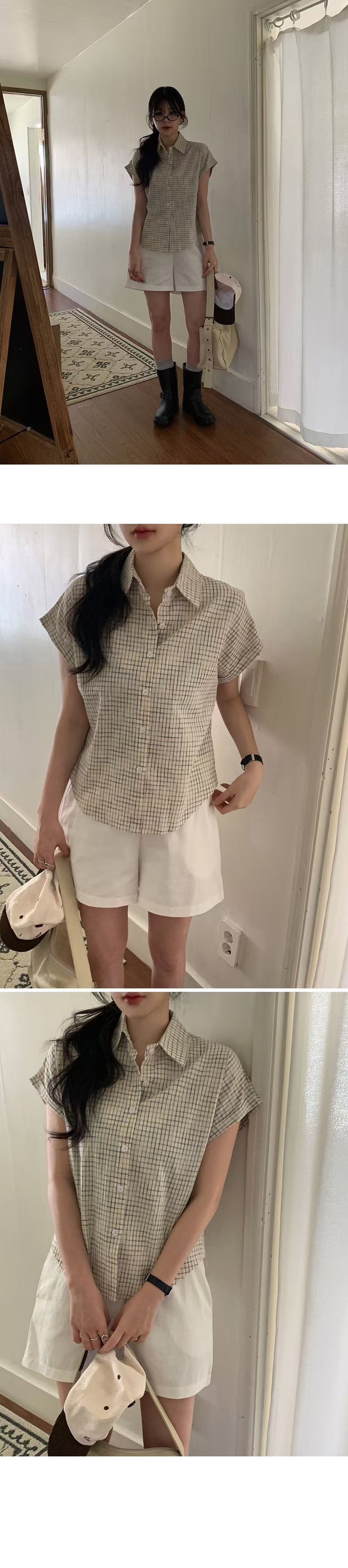 재고 있음 chic 루즈핏 탑 옷깃 볼륨 측면 가을 어깨 소매 반팔 격자 무늬 셔츠 상세 이미지 19