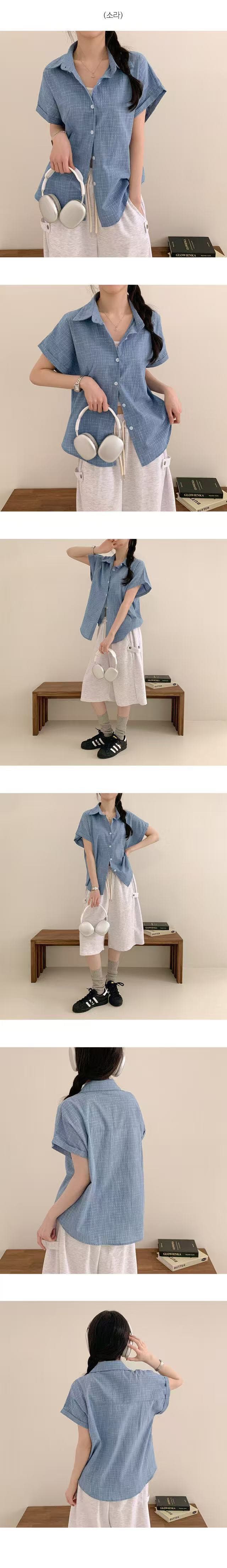 재고 있음 chic 루즈핏 탑 옷깃 볼륨 측면 가을 어깨 소매 반팔 격자 무늬 셔츠 상세 이미지 20