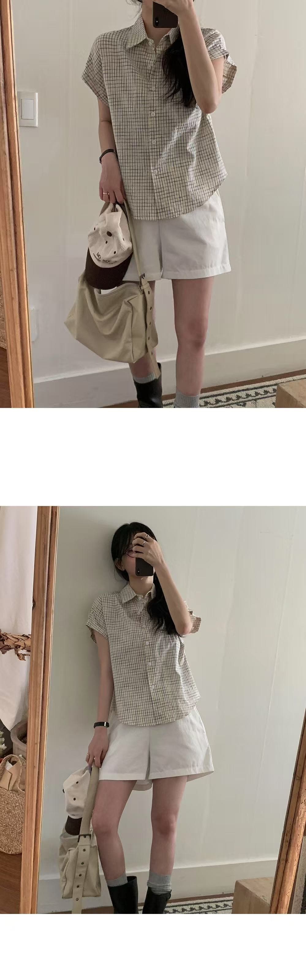 재고 있음 chic 루즈핏 탑 옷깃 볼륨 측면 가을 어깨 소매 반팔 격자 무늬 셔츠 상세 이미지 21