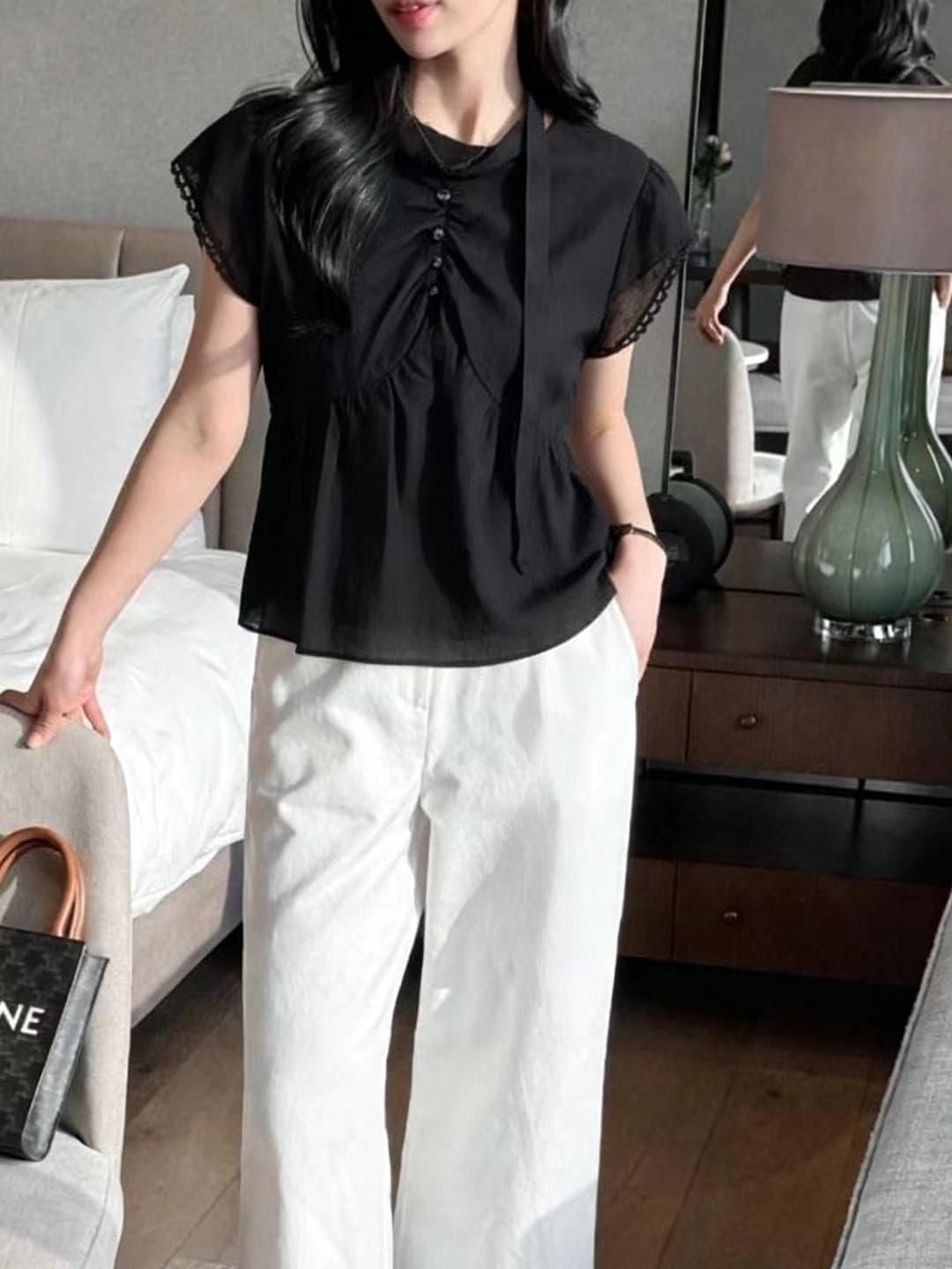 재고 있음 한국 패션 레이스 패치워크 다용도 맨위 한국 스타일 맨위 이미지 4