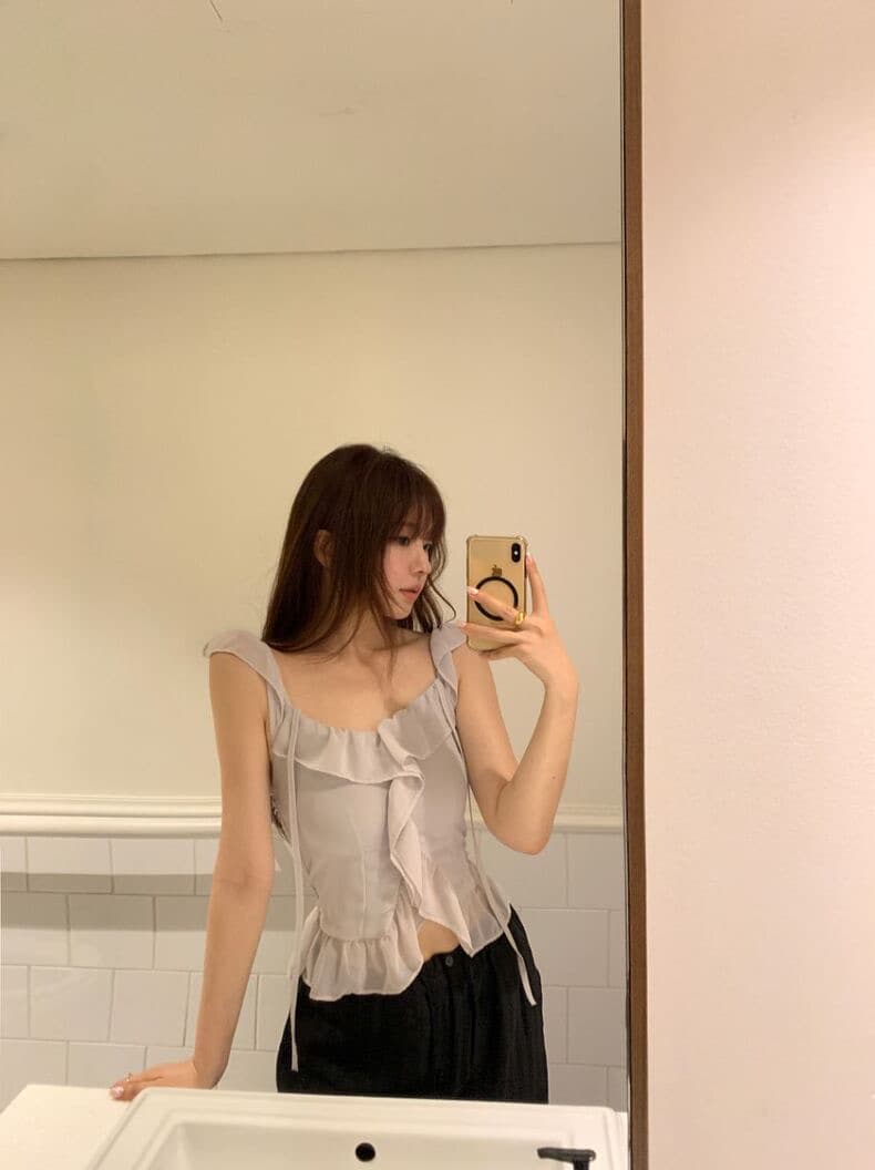 재고 있음 chic 프릴 쉬폰 캐미솔 주름 Feifei 소매 허리 수축 쇼트 스타일 맨위 상세 이미지 10