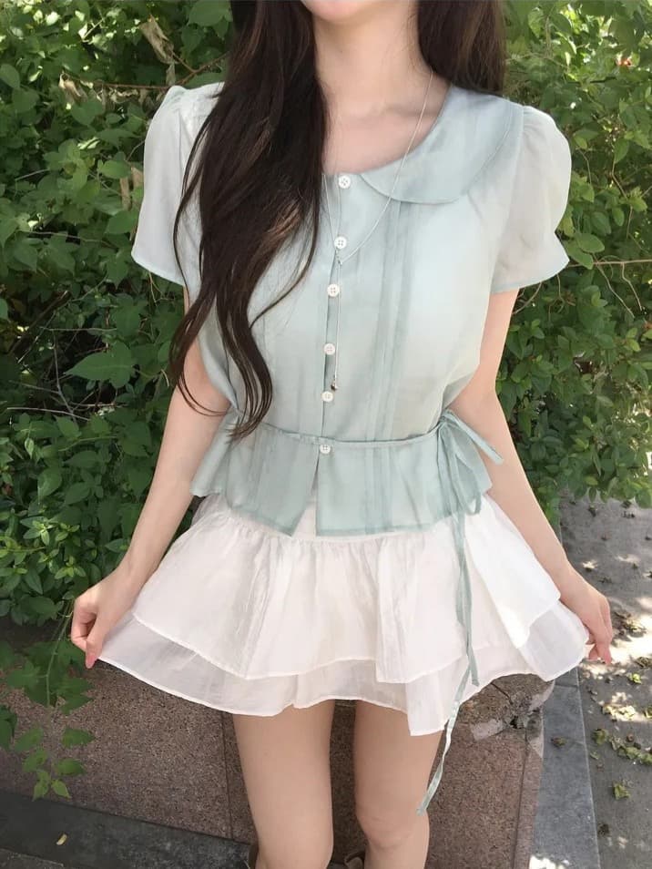 있음 선적 한국 chic 베이비 칼라 우아함 장난기 넘치는 레이스업 반팔 셔츠