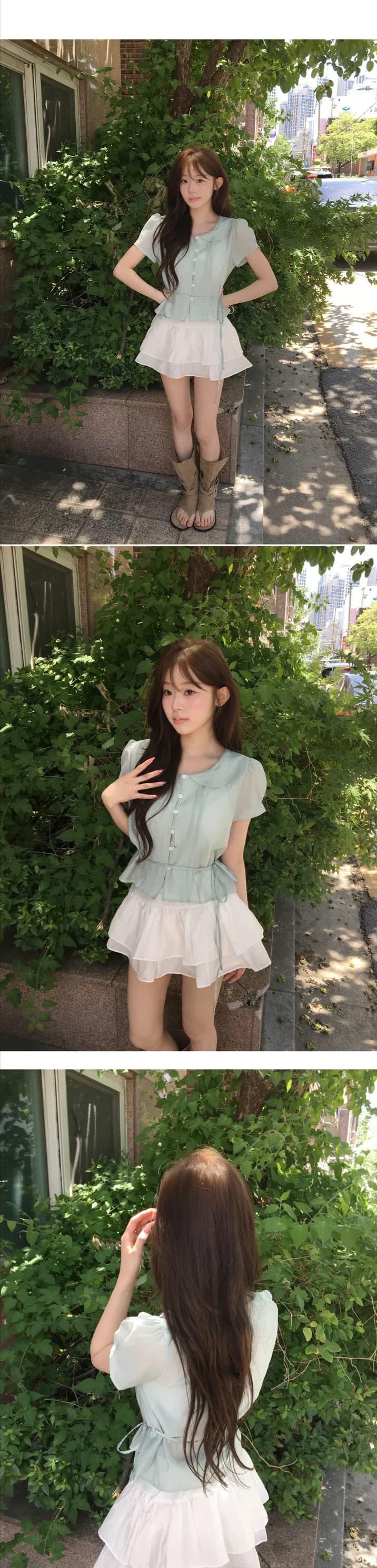 있음 선적 한국 chic 베이비 칼라 우아함 장난기 넘치는 레이스업 반팔 셔츠 상세 이미지 3