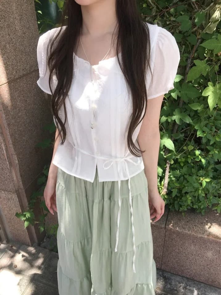 있음 선적 한국 chic 베이비 칼라 우아함 장난기 넘치는 레이스업 반팔 셔츠 상세 이미지 5
