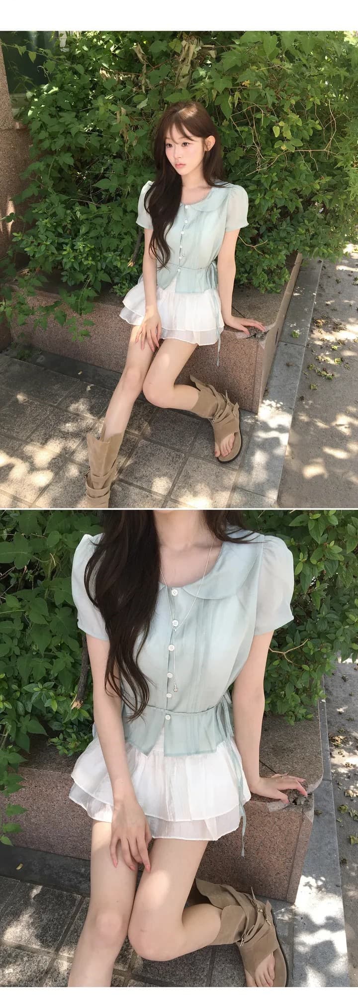 있음 선적 한국 chic 베이비 칼라 우아함 장난기 넘치는 레이스업 반팔 셔츠 상세 이미지 6