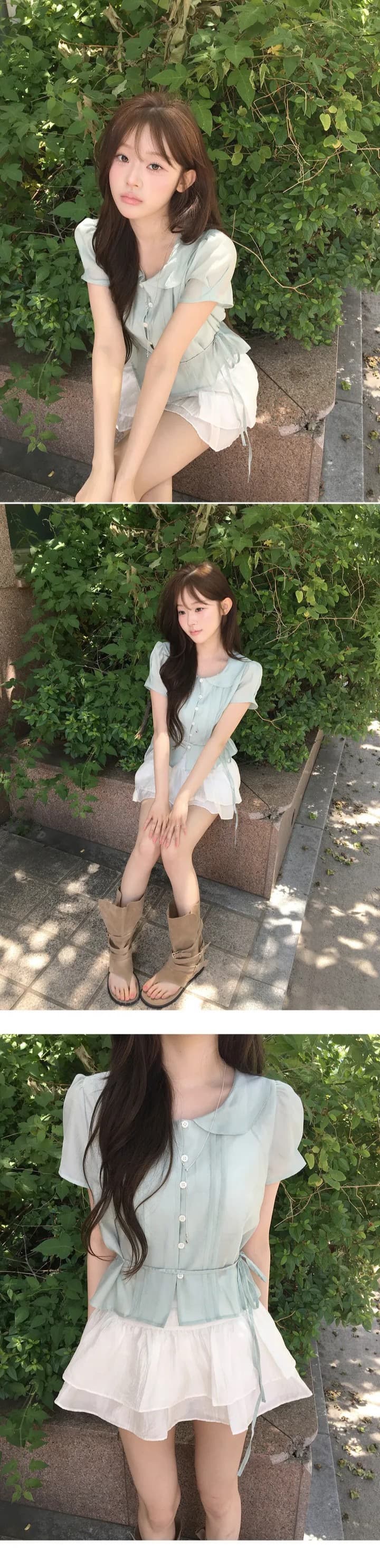 있음 선적 한국 chic 베이비 칼라 우아함 장난기 넘치는 레이스업 반팔 셔츠 상세 이미지 7