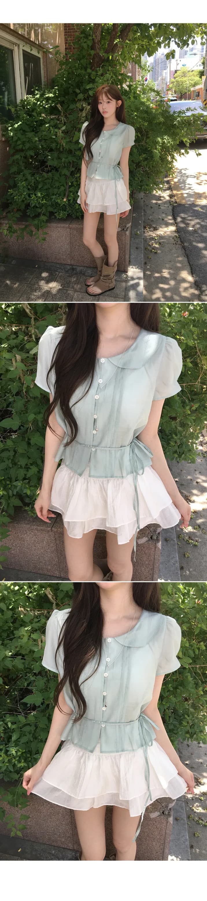 있음 선적 한국 chic 베이비 칼라 우아함 장난기 넘치는 레이스업 반팔 셔츠 상세 이미지 11