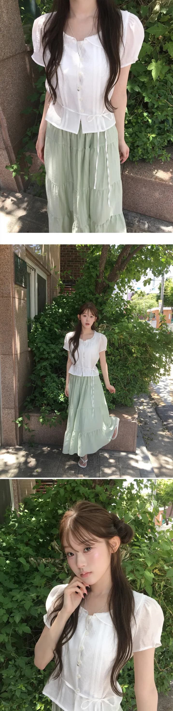 있음 선적 한국 chic 베이비 칼라 우아함 장난기 넘치는 레이스업 반팔 셔츠 상세 이미지 13