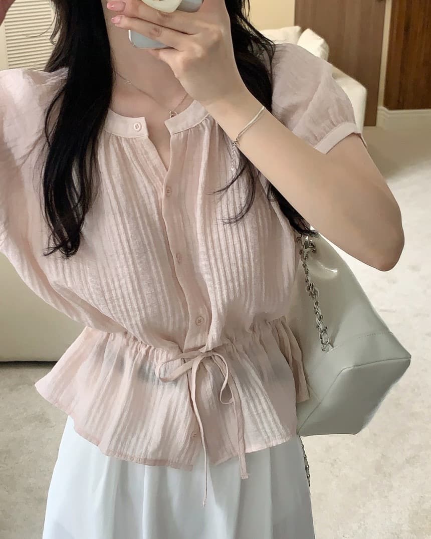 있음 선적 chic 한국 스타일 구덩이 기사 라운드 넥 펌프 로프 허리 수축 작은 대중 셔츠 상세 이미지 4