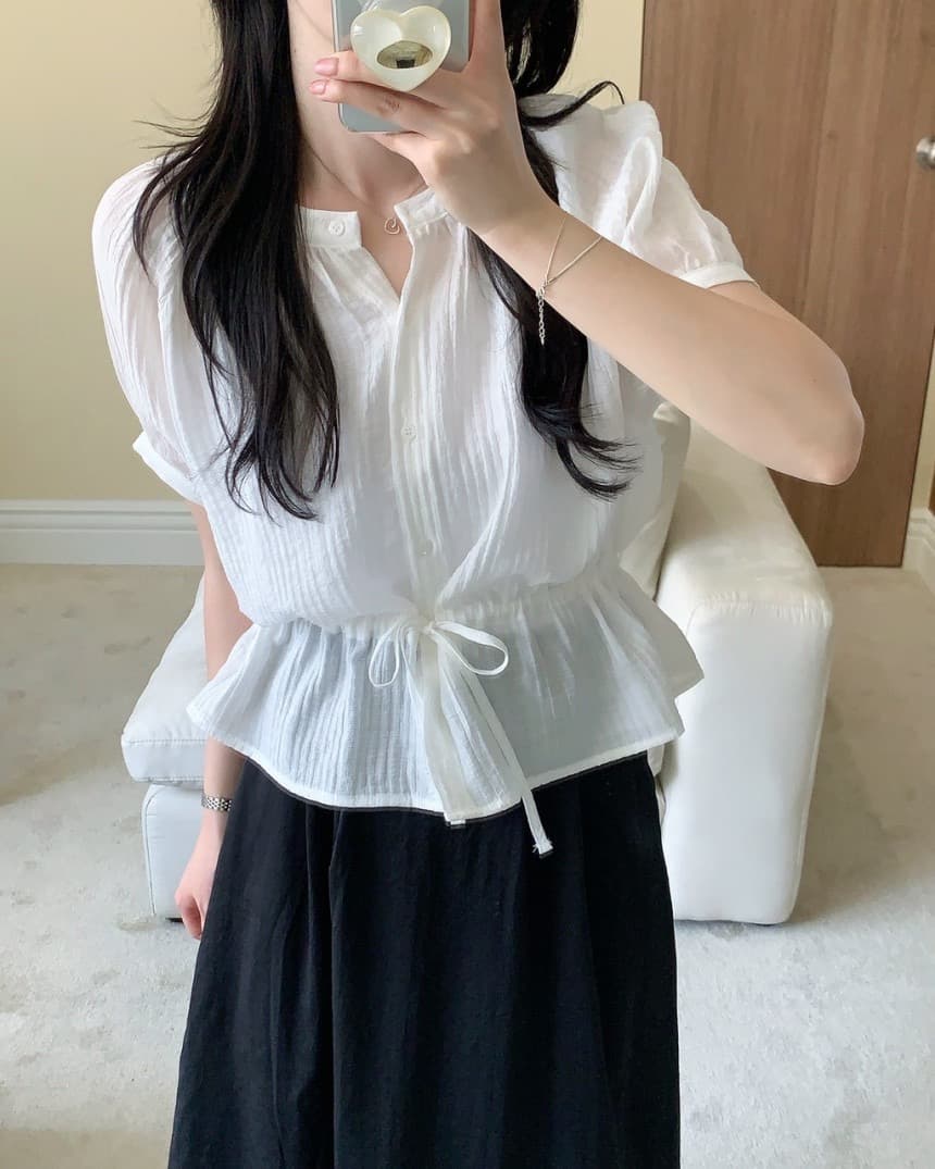 있음 선적 chic 한국 스타일 구덩이 기사 라운드 넥 펌프 로프 허리 수축 작은 대중 셔츠 상세 이미지 5