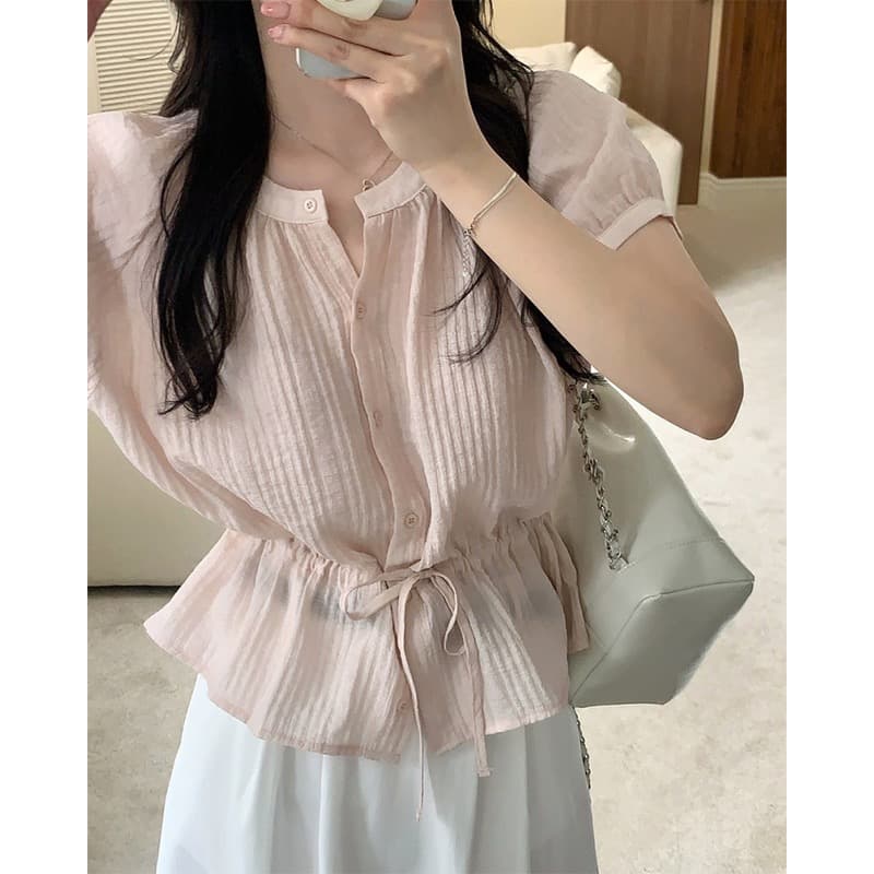 있음 선적 chic 한국 스타일 구덩이 기사 라운드 넥 펌프 로프 허리 수축 작은 대중 셔츠 상세 이미지 9