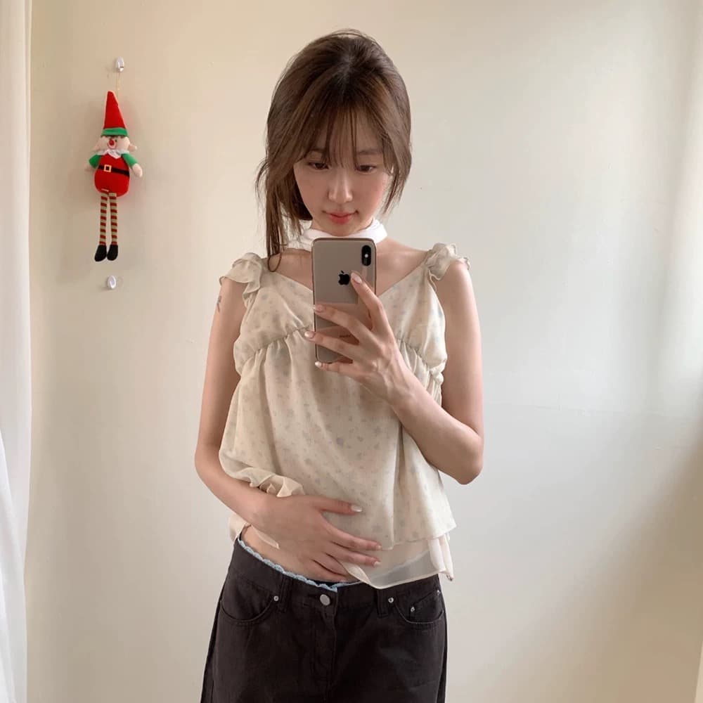 재고 있음 chic 동대문 부드러운 바람 꽃무늬 프릴 작은 날다 소매 쉬폰 셔츠 이미지 2