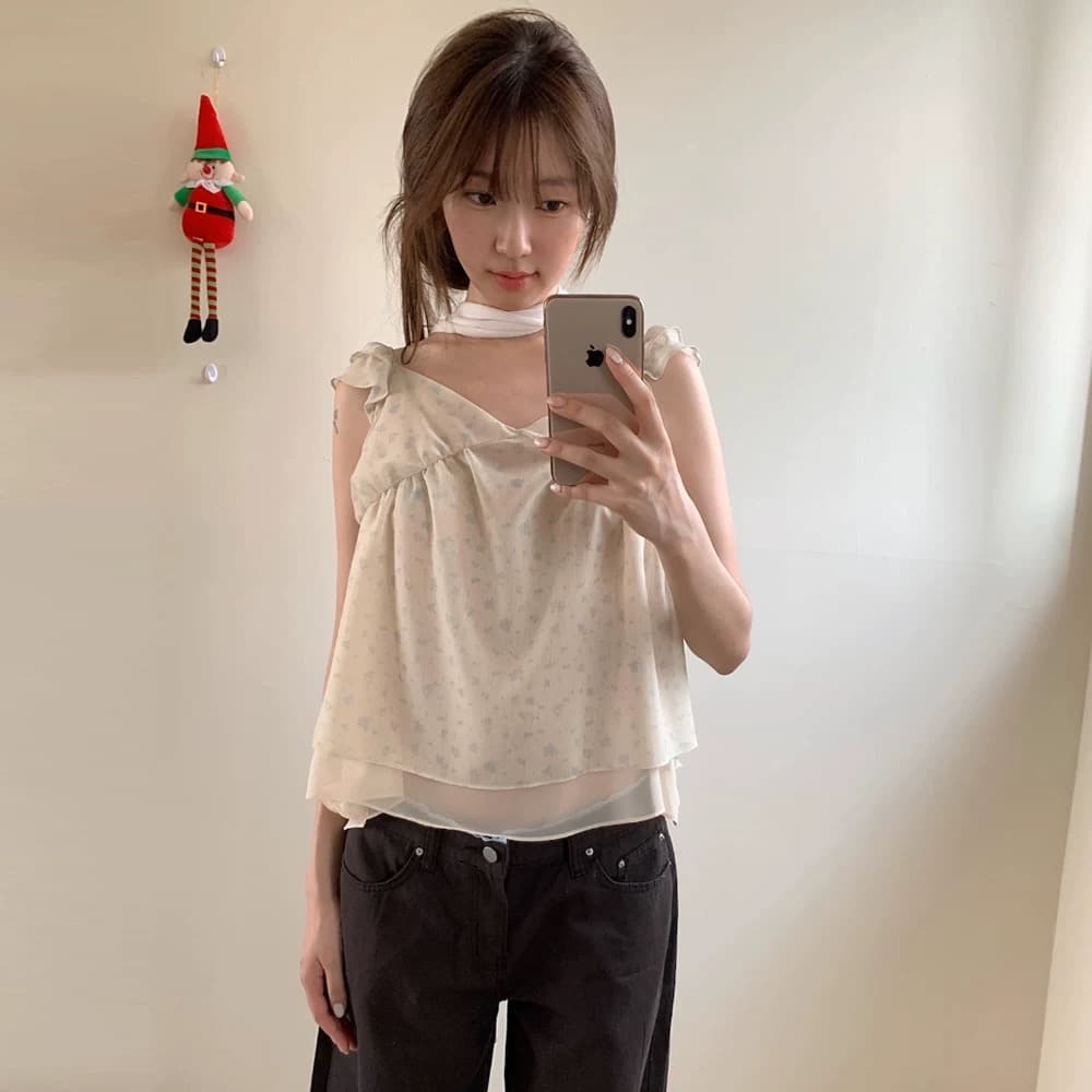 재고 있음 chic 동대문 부드러운 바람 꽃무늬 프릴 작은 날다 소매 쉬폰 셔츠 상세 이미지 3