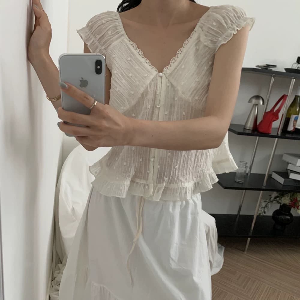 재고 있음 한 부서 여름 신선함 V넥 귀여운 연령 감소 인형 셔츠 일상 다용도 작은 셔츠 상세 이미지 3