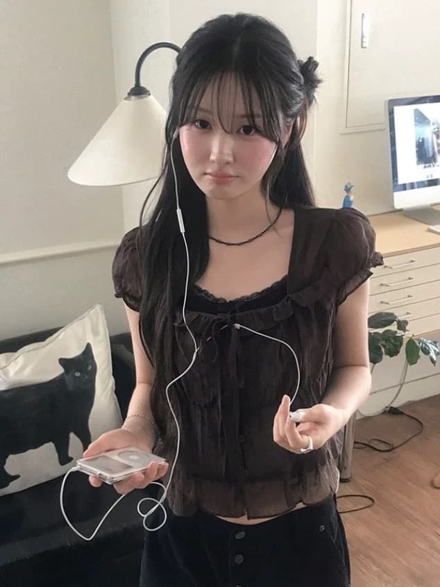 재고 있음 chic 한 부서 여름 프랑스식 달콤함 연령 감소 부드러운 프릴 주름 장식 허리 수축 반팔 쉬폰 셔츠