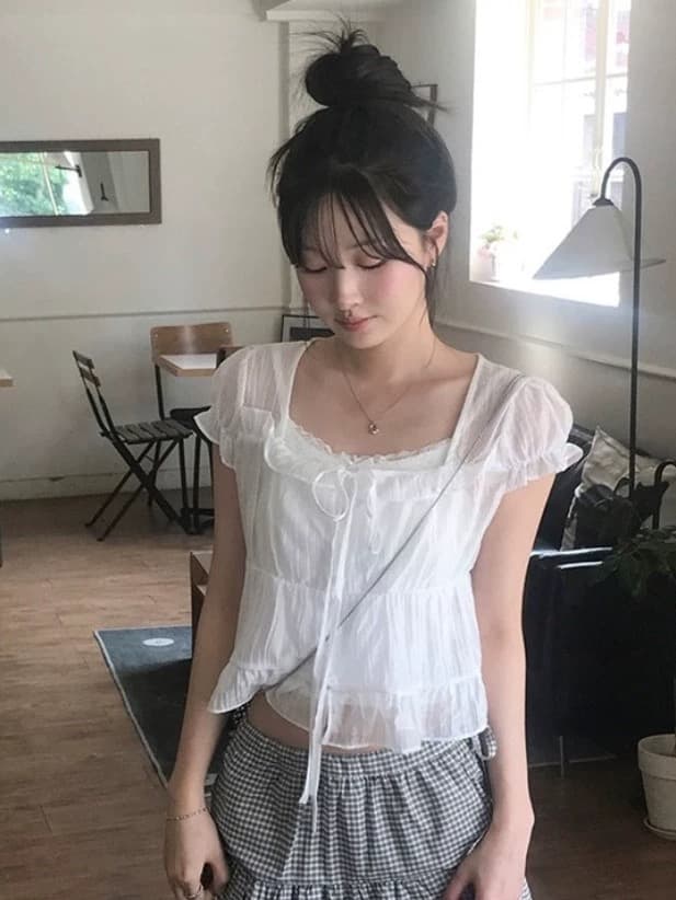 재고 있음 chic 한 부서 여름 프랑스식 달콤함 연령 감소 부드러운 프릴 주름 장식 허리 수축 반팔 쉬폰 셔츠 상세 이미지 5