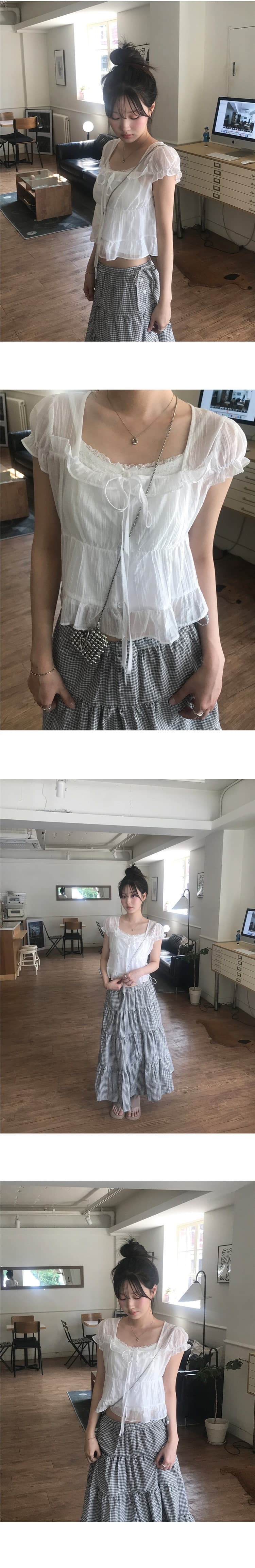 재고 있음 chic 한 부서 여름 프랑스식 달콤함 연령 감소 부드러운 프릴 주름 장식 허리 수축 반팔 쉬폰 셔츠 상세 이미지 9