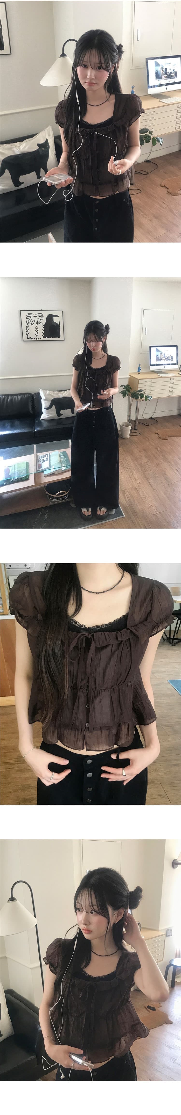 재고 있음 chic 한 부서 여름 프랑스식 달콤함 연령 감소 부드러운 프릴 주름 장식 허리 수축 반팔 쉬폰 셔츠 상세 이미지 19