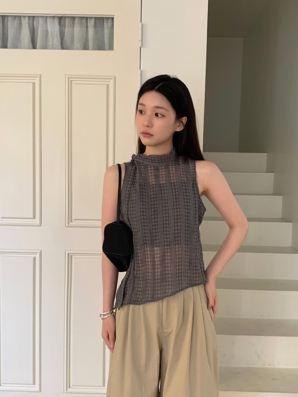 재고 있음 chic 한국 스타일 주름 불규칙 체크무늬 레이스 업 셔츠 상세 이미지 8
