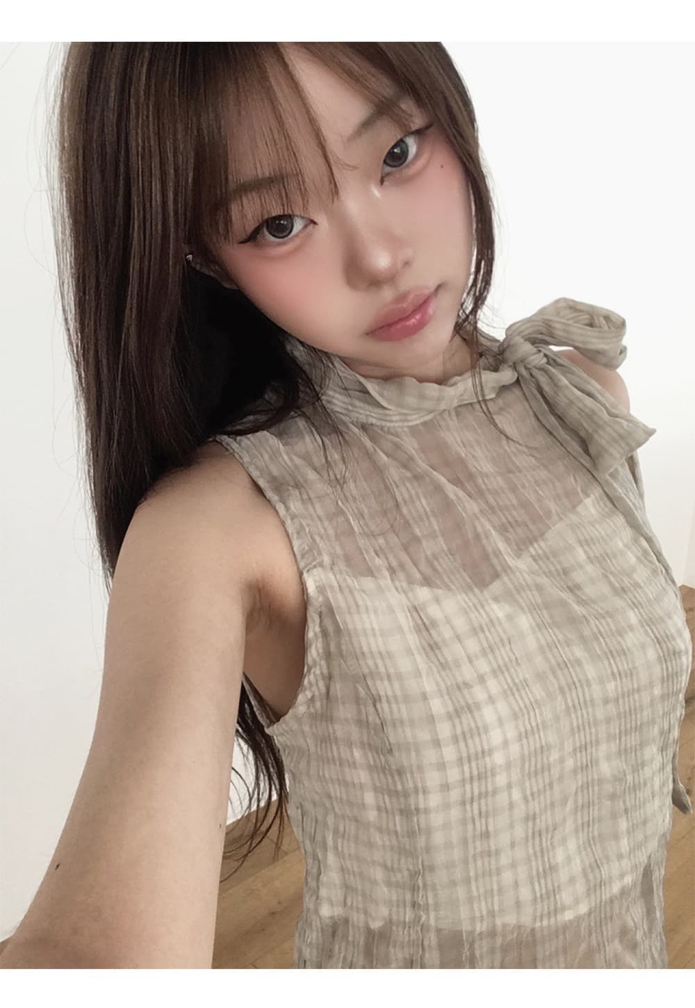 재고 있음 chic 한국 스타일 주름 불규칙 체크무늬 레이스 업 셔츠 상세 이미지 27