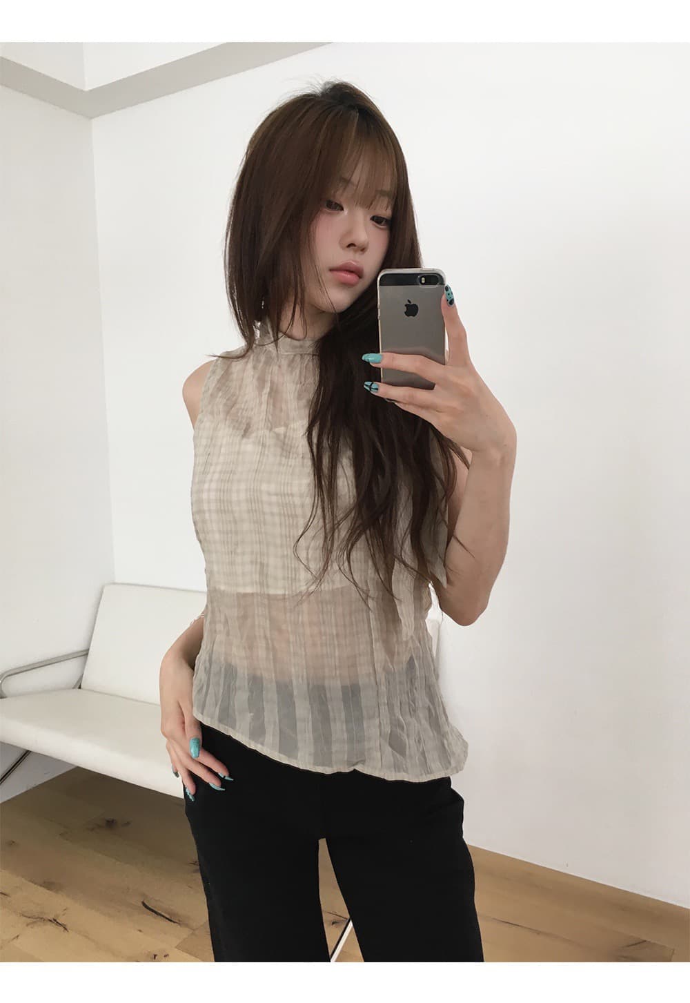 재고 있음 chic 한국 스타일 주름 불규칙 체크무늬 레이스 업 셔츠 상세 이미지 28