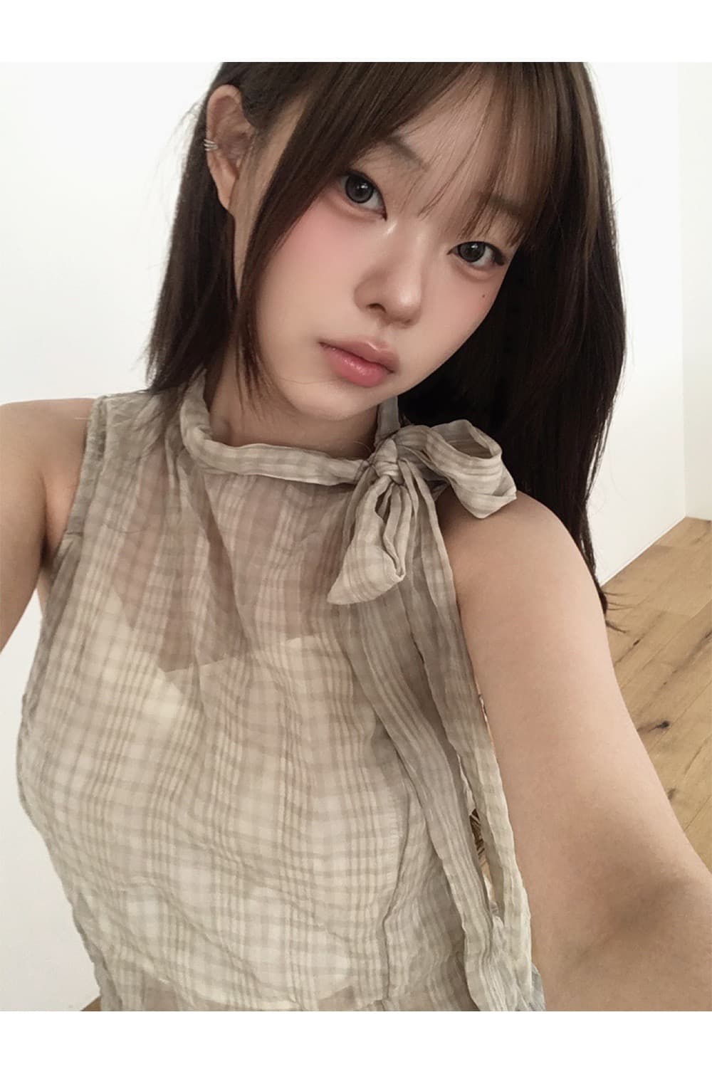재고 있음 chic 한국 스타일 주름 불규칙 체크무늬 레이스 업 셔츠 상세 이미지 30