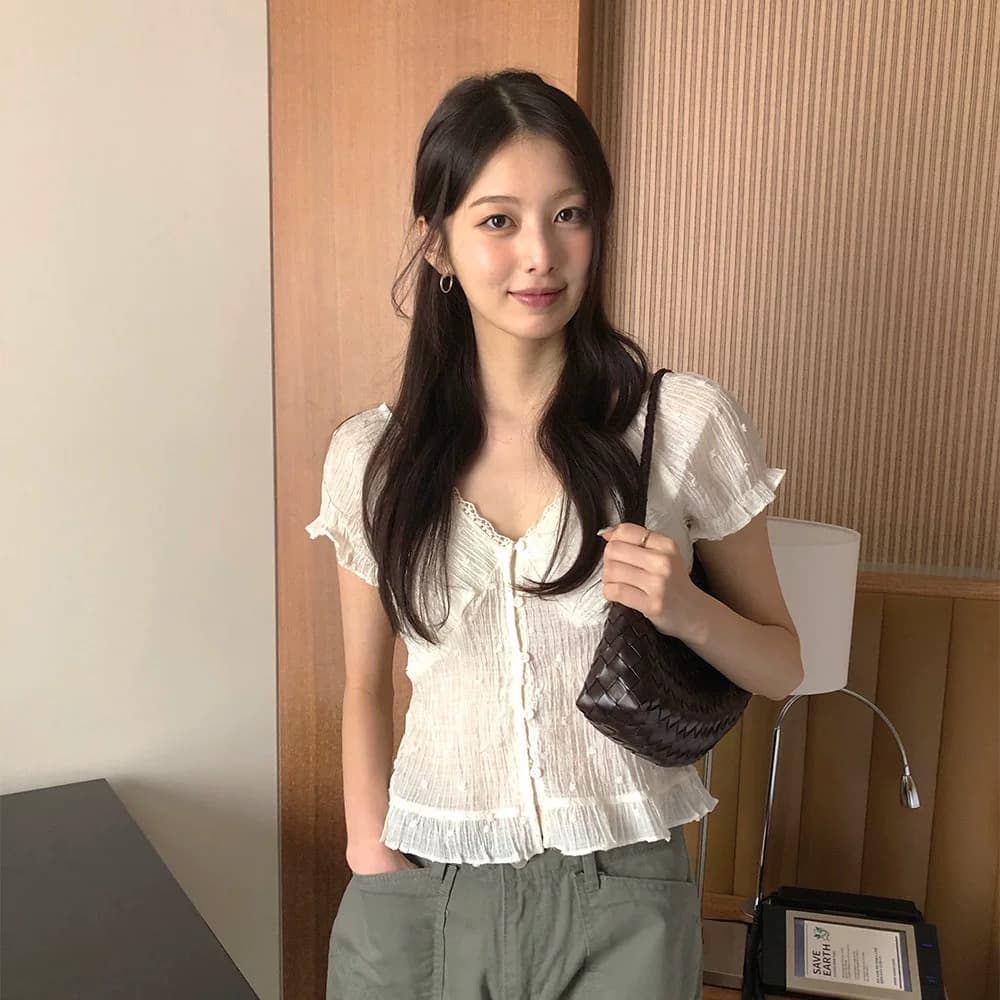 재고 있음 한 부서 여름 신선함 V넥 귀여운 연령 감소 인형 셔츠 일상 다용도 작은 셔츠 상세 이미지 1