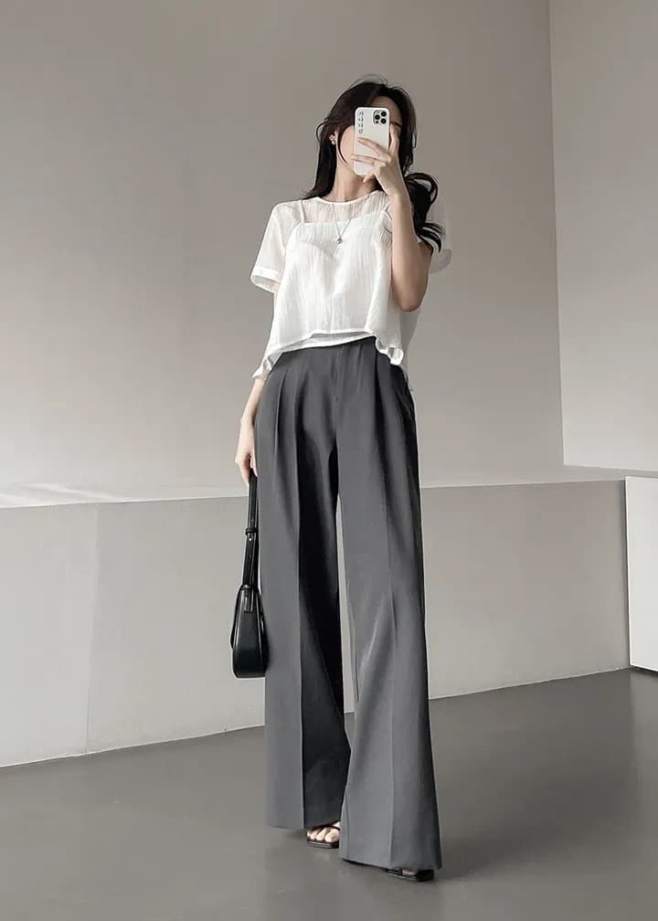 재고 있음 chic 다용도 미니멀리즘 쉬폰 블라우스 시스루 작은 셔츠 캐미솔 반팔 맨위 투피스 세트 상세 이미지 6