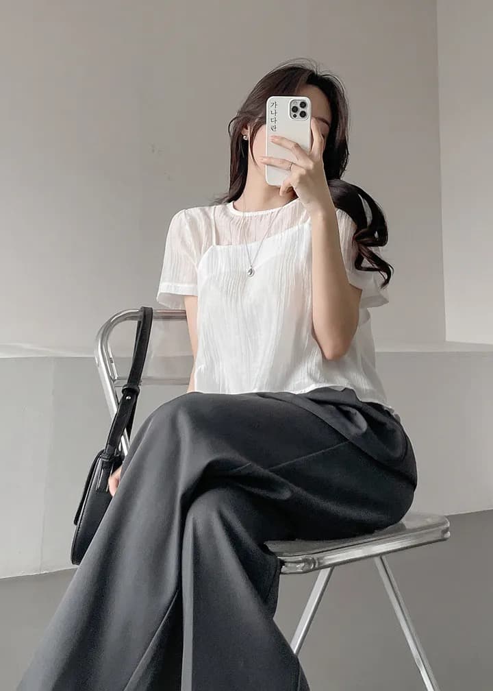 재고 있음 chic 다용도 미니멀리즘 쉬폰 블라우스 시스루 작은 셔츠 캐미솔 반팔 맨위 투피스 세트 상세 이미지 8