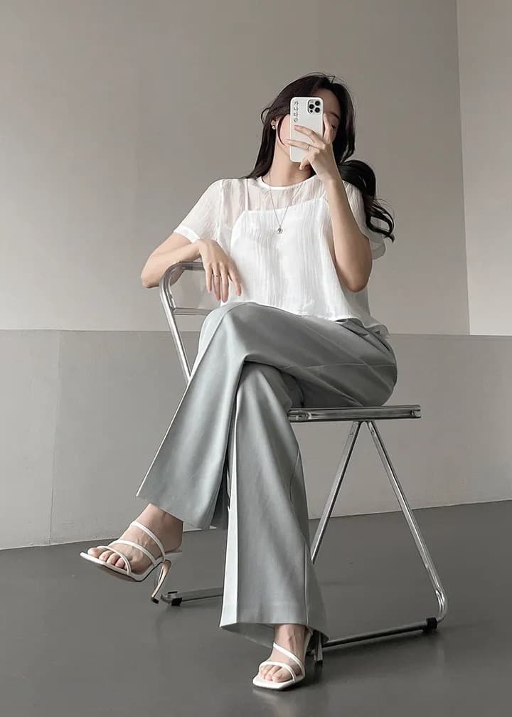 재고 있음 chic 다용도 미니멀리즘 쉬폰 블라우스 시스루 작은 셔츠 캐미솔 반팔 맨위 투피스 세트 상세 이미지 10