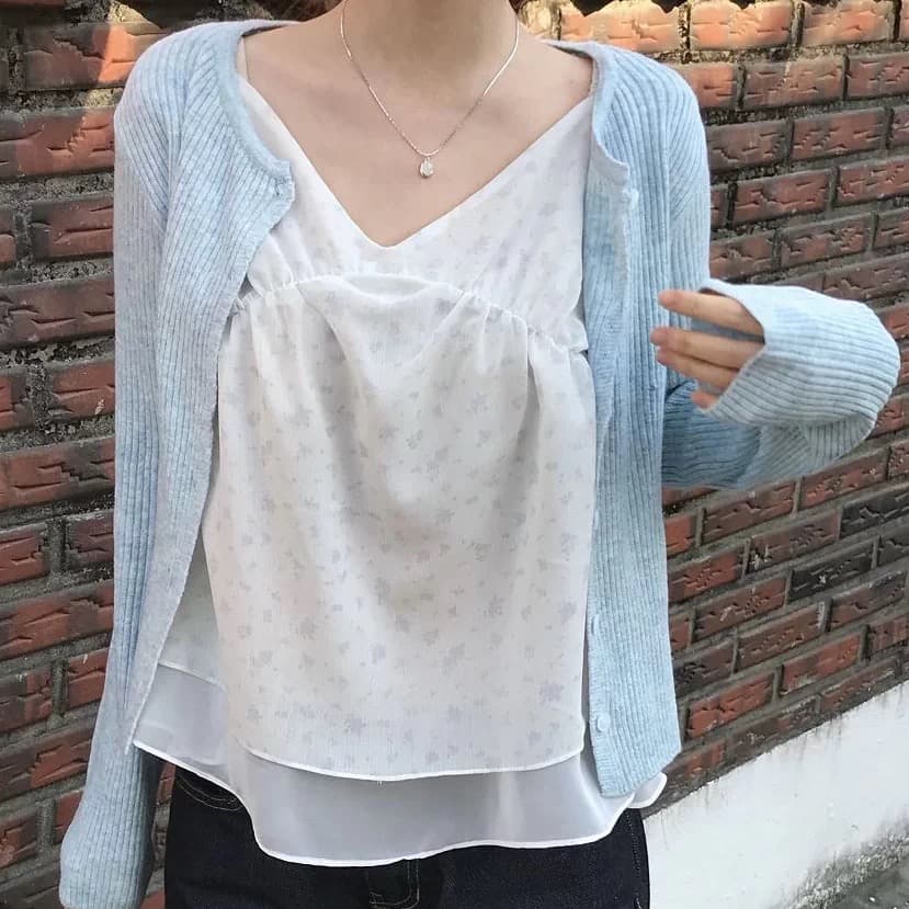 재고 있음 chic 동대문 부드러운 바람 꽃무늬 프릴 작은 날다 소매 쉬폰 셔츠 이미지 3