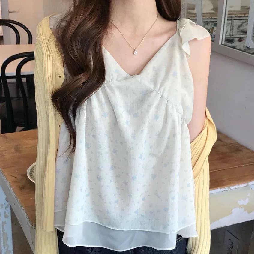 재고 있음 chic 동대문 부드러운 바람 꽃무늬 프릴 작은 날다 소매 쉬폰 셔츠 상세 이미지 1