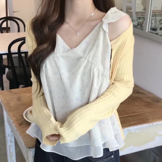 재고 있음 chic 동대문 부드러운 바람 꽃무늬 프릴 작은 날다 소매 쉬폰 셔츠 상세 이미지 3
