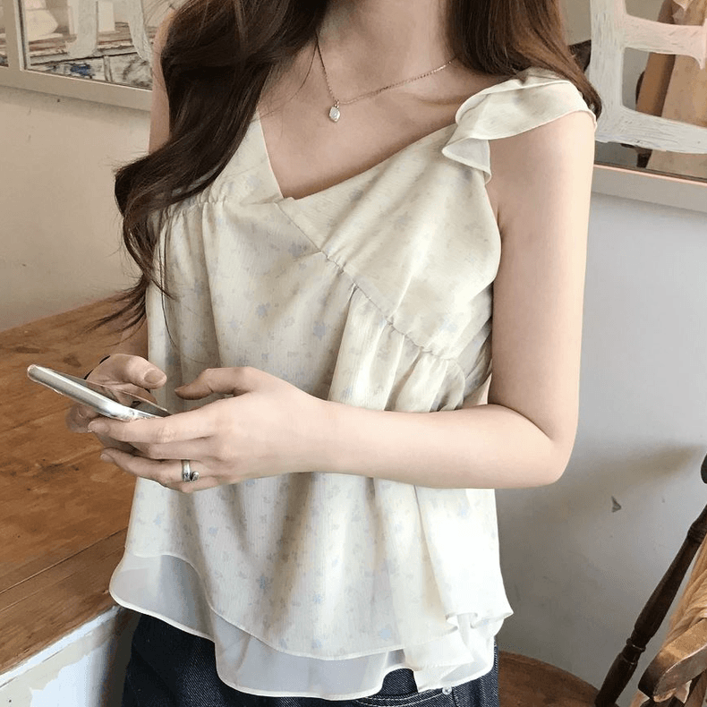 재고 있음 chic 동대문 부드러운 바람 꽃무늬 프릴 작은 날다 소매 쉬폰 셔츠 상세 이미지 6