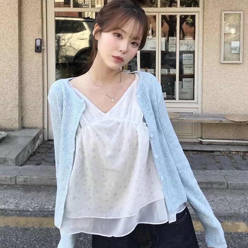 재고 있음 chic 동대문 부드러운 바람 꽃무늬 프릴 작은 날다 소매 쉬폰 셔츠 상세 이미지 7