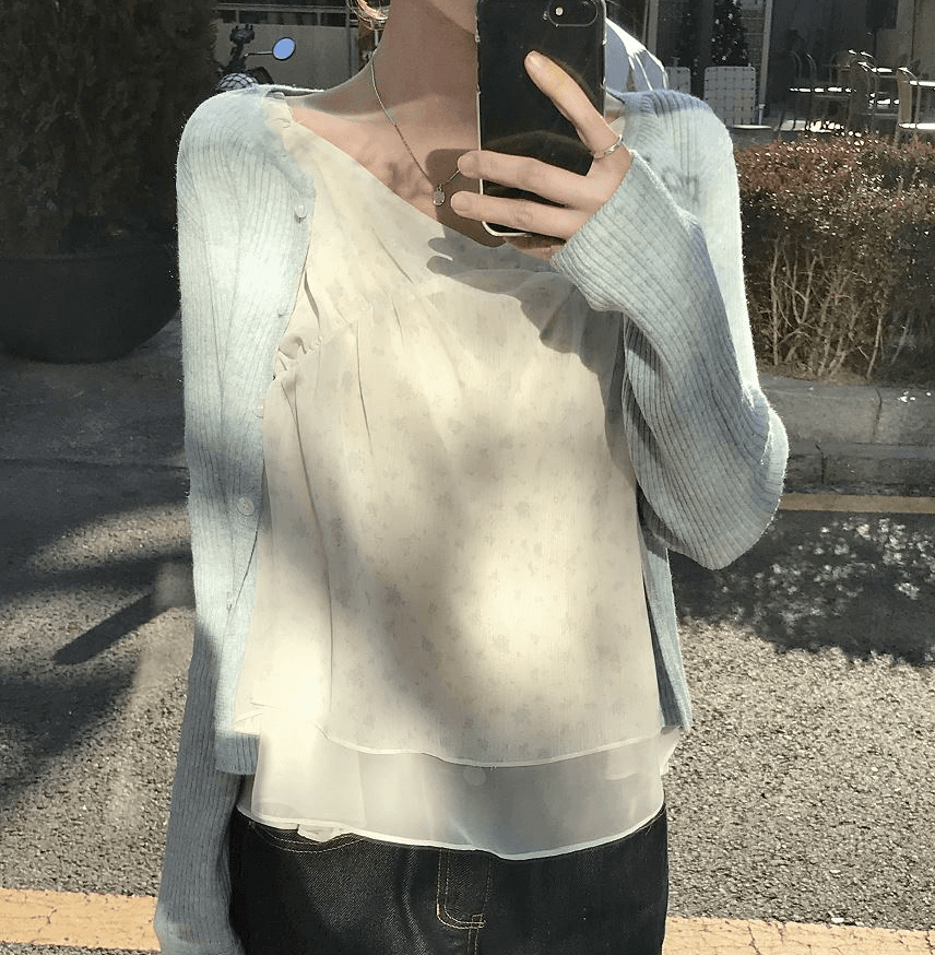재고 있음 chic 동대문 부드러운 바람 꽃무늬 프릴 작은 날다 소매 쉬폰 셔츠 상세 이미지 8