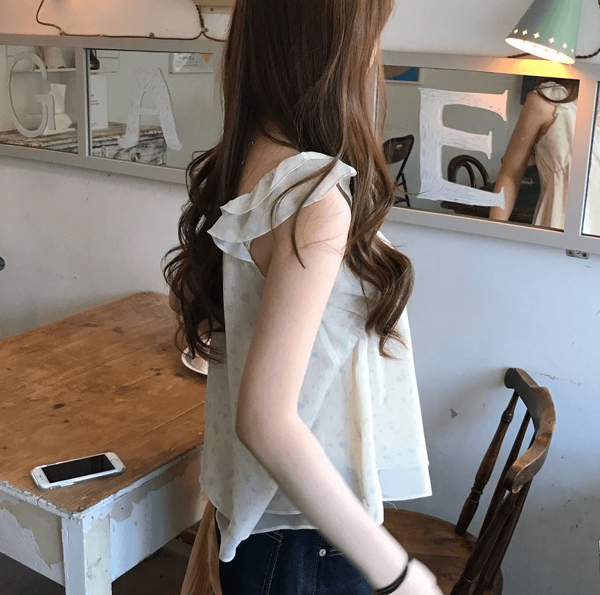 재고 있음 chic 동대문 부드러운 바람 꽃무늬 프릴 작은 날다 소매 쉬폰 셔츠 상세 이미지 11