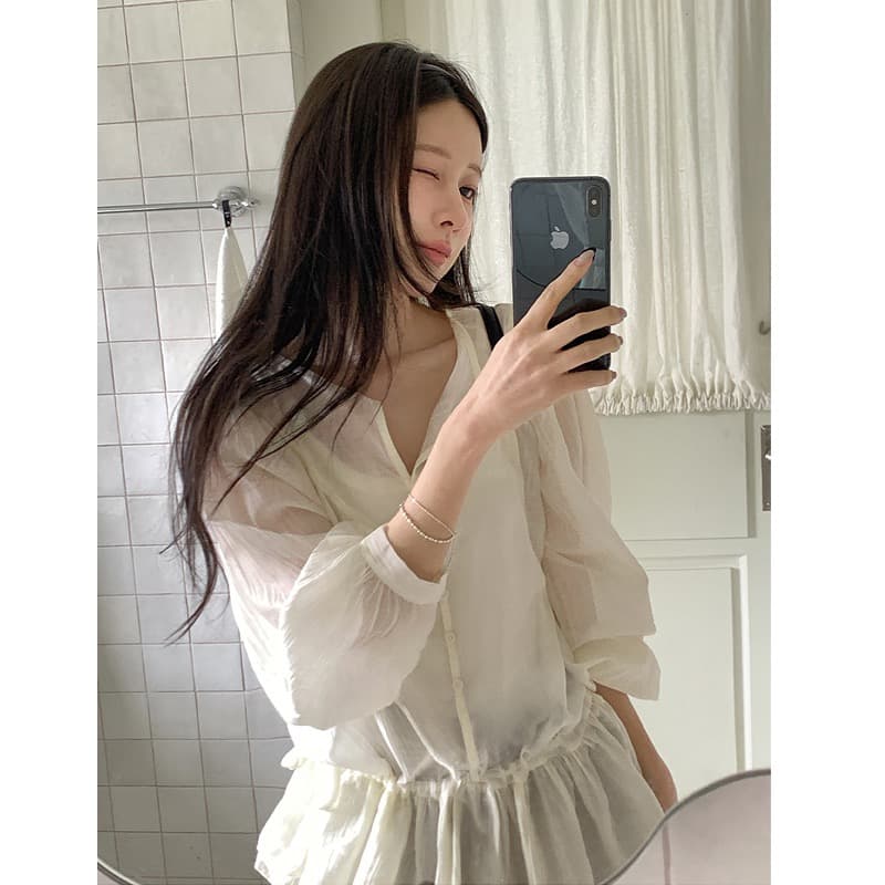 있음 밖으로 2026 봄 여름 신제품 펌프 로프 섹션 레이스업 디자인 다용도 중간 길이 쉬폰 큰 진자 셔츠 상세 이미지 1