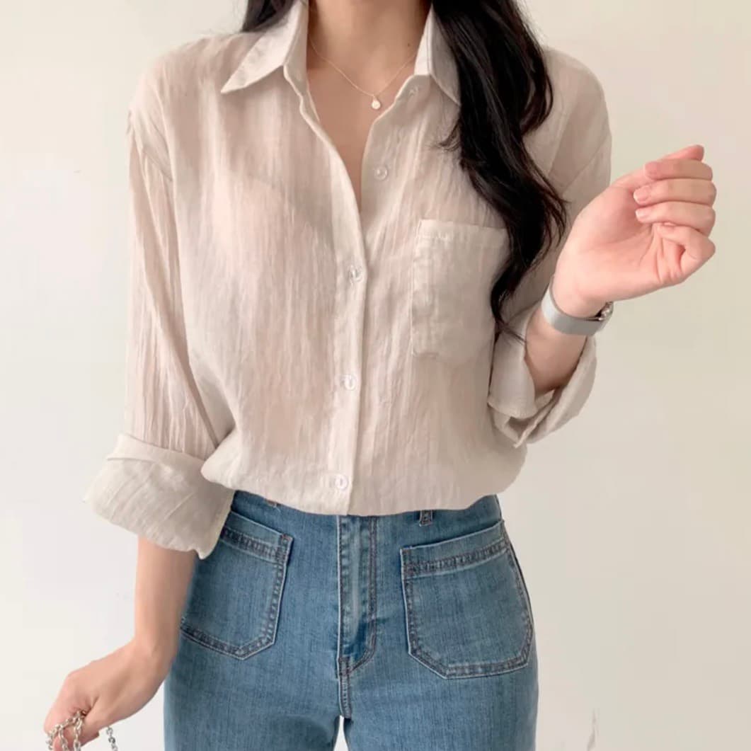 재고 있음 한국 chic 새로운 여름 아이스크림 색상 시스템 긴팔 자외선 차단 셔츠 상세 이미지 19