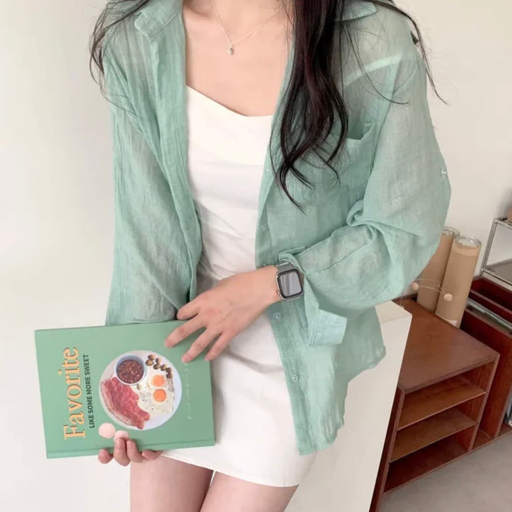 재고 있음 한국 chic 새로운 여름 아이스크림 색상 시스템 긴팔 자외선 차단 셔츠 상세 이미지 25