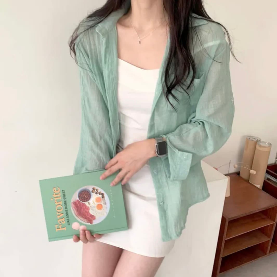 재고 있음 한국 chic 새로운 여름 아이스크림 색상 시스템 긴팔 자외선 차단 셔츠 상세 이미지 43