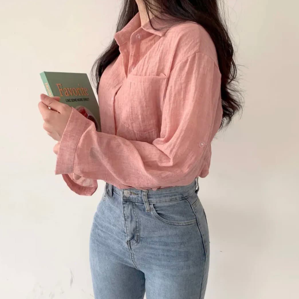 재고 있음 한국 chic 새로운 여름 아이스크림 색상 시스템 긴팔 자외선 차단 셔츠 상세 이미지 48