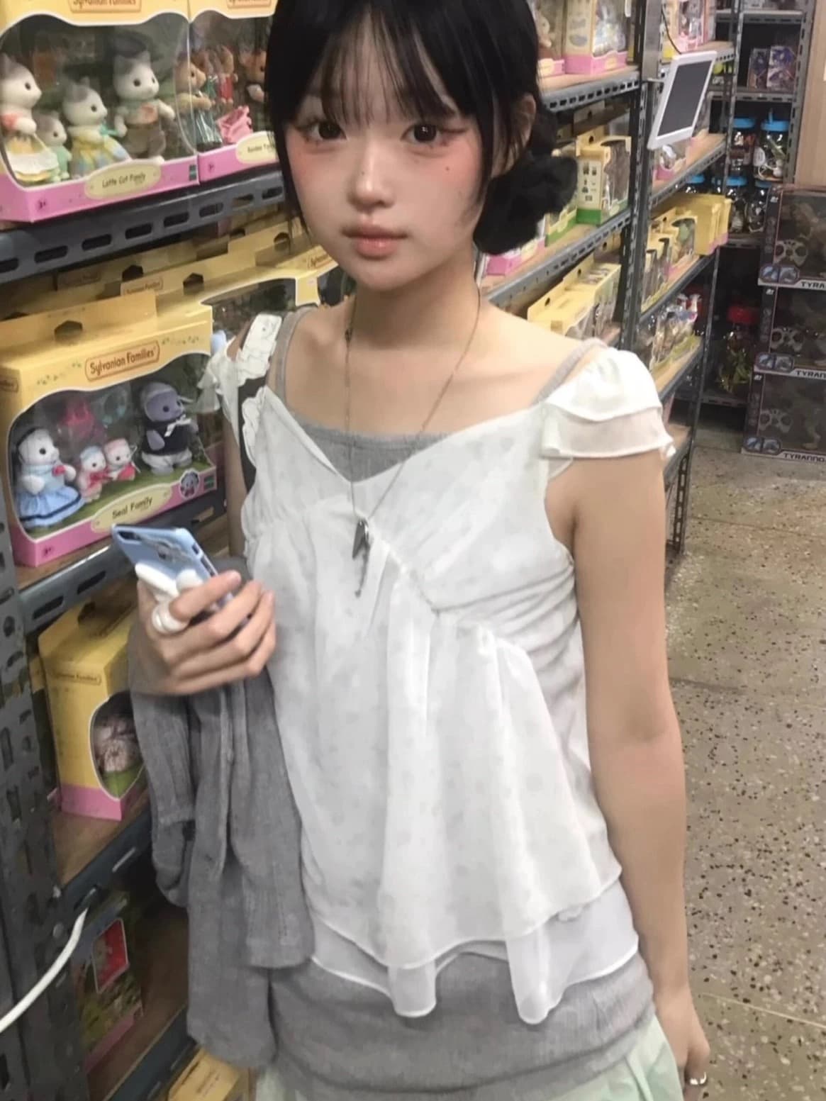 재고 있음 chic 동대문 부드러운 바람 꽃무늬 프릴 작은 날다 소매 쉬폰 셔츠 상세 이미지 6