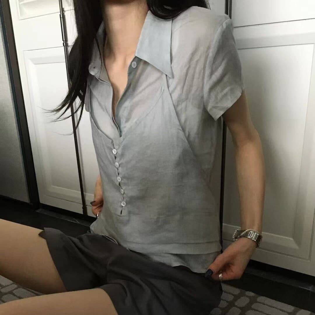 재고 있음 2026 여름 다용도 폴로 칼라 레이스업 행침 목 슬립 페이크 레이어드 반팔 셔츠 상세 이미지 3