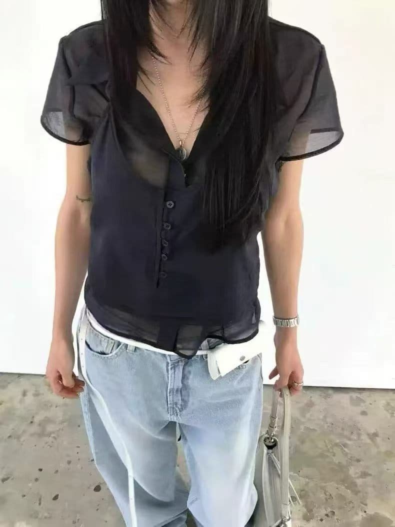 재고 있음 2026 여름 다용도 폴로 칼라 레이스업 행침 목 슬립 페이크 레이어드 반팔 셔츠 상세 이미지 6