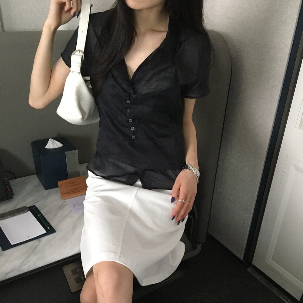 재고 있음 2026 여름 다용도 폴로 칼라 레이스업 행침 목 슬립 페이크 레이어드 반팔 셔츠 상세 이미지 7