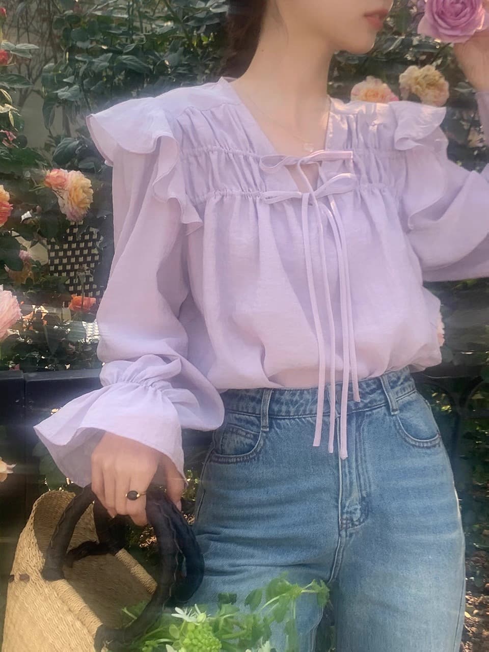 재고 있음 chic 프릴 셔츠 레이스업 품격 프릴 단색 다용도 루즈핏 맨위 여성 상세 이미지 6